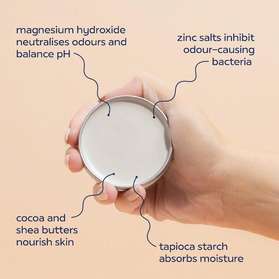 Nada deodorant for sensitive skin uses magnesium hydroxide and zinc oxide to fight odour, tapioca to absorb moisture and cocoa and shea butters to nourish skin